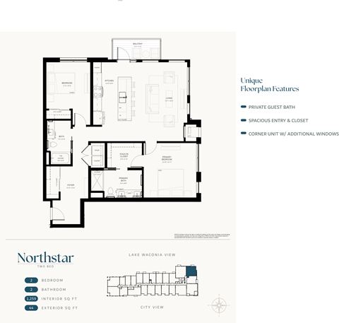Floor plan for 2 beds, 2 baths, 1259 sqft